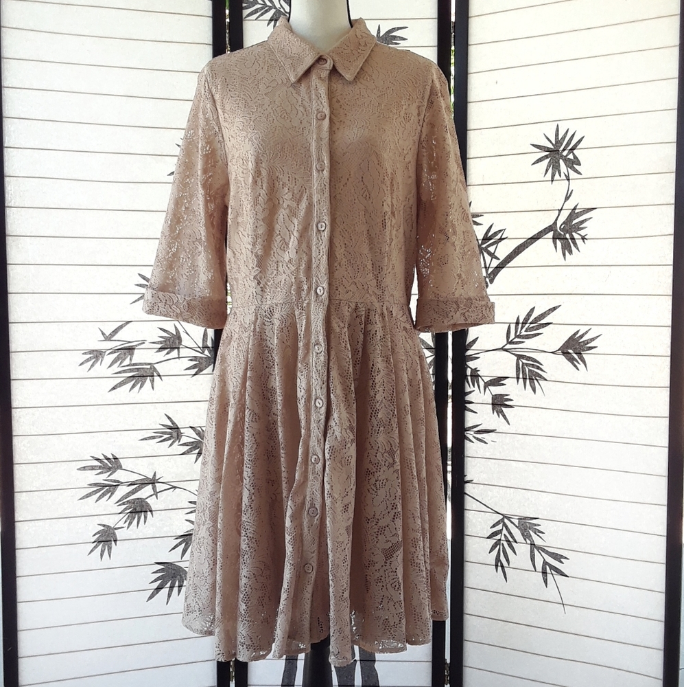 Gabby Skye Tan Button Down 3/4 Sleeve Lace Dress